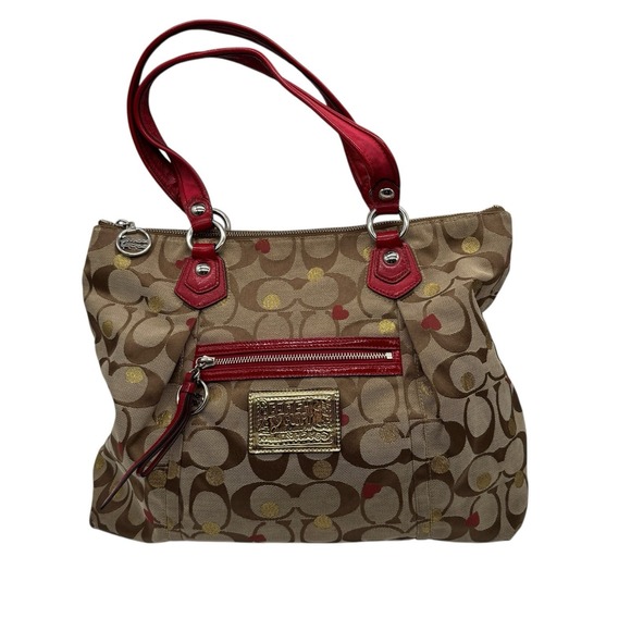 Coach‎ Poppy Secret Admirer Tote Bag  16289M Khaki Brown Red Hearts Gold Dots - Picture 1 of 12